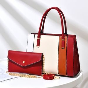Tri-color Tote w/Evening Bag - Red & Chestnut